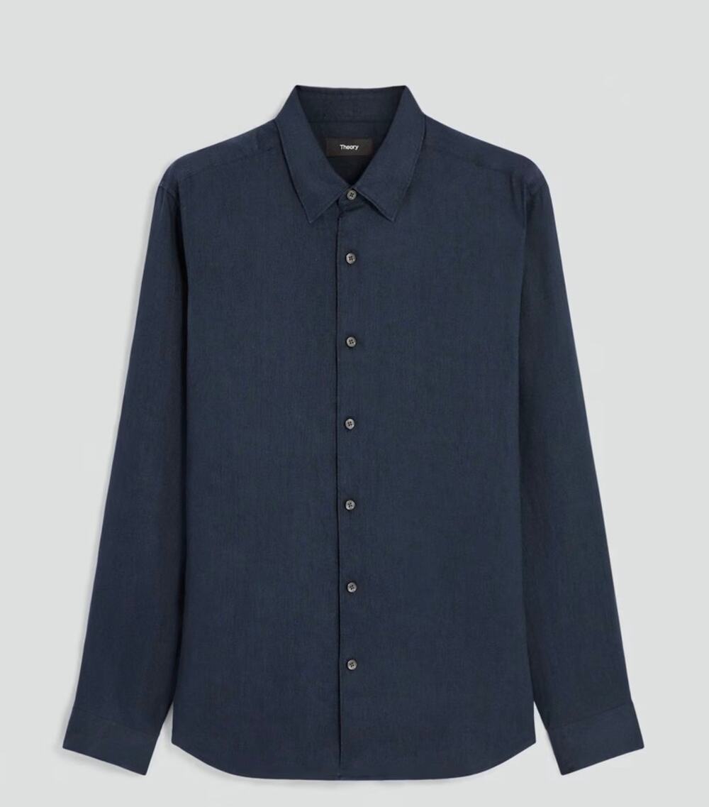 Theory Men's Irving 100% Linen Relaxed Button-Up Shirt Navy Blue Size XL